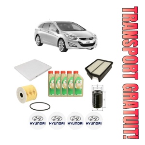 Set Pachet filtre revizie Bosch, 5 litrii ulei Castrol 5W30 HYUNDAI i40 I CW (VF) 1.6 CRDi din 2018-2019, 4x Stickere auto cu HYUNDAI