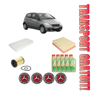 Set Pachet filtre revizie Bosch, 5 litrii ulei Castrol 5W30 MERCEDES-BENZ A-CLASS (W169) A 180 (169.032, 169.332) din 2009-2012, 4x Stickere auto cu MERCEDES-BENZ