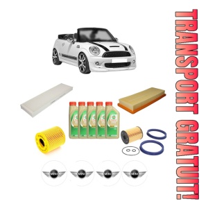 Set Pachet filtre revizie Bosch, 5 litrii ulei Castrol 5W30 MINI MINI Convertible (R57) Cooper S din 2008-2010, 4x Stickere auto cu MINI