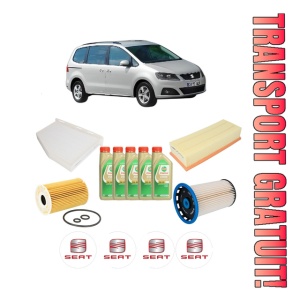 Set Pachet filtre revizie Bosch, 5 litrii ulei Castrol 5W30 SEAT ALHAMBRA (710, 711) 2.0 TDI din 2010-2013, 4x Stickere auto cu SEAT