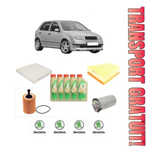 Set Pachet filtre revizie Bosch, 5 litrii ulei Castrol 5W30 SKODA FABIA I (6Y2) 1.4 TDI din 2003-2008, 4x Stickere auto cu SKODA