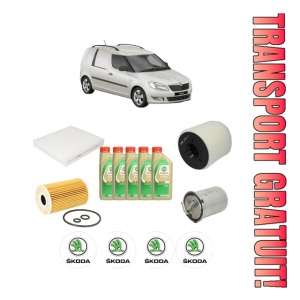 Set Pachet filtre revizie Bosch, 5 litrii ulei Castrol 5W30 SKODA FABIA II Praktik (545) TDI din 2013-2014, 4x Stickere auto cu SKODA