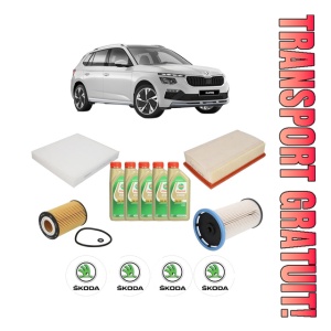 Set Pachet filtre revizie Bosch, 5 litrii ulei Castrol 5W30 SKODA KAMIQ (NW4) 1.6 TDI din 2019, 4x Stickere auto cu SKODA