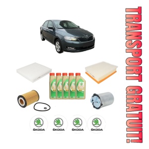 Set Pachet filtre revizie Bosch, 5 litrii ulei Castrol 5W30 SKODA RAPID (NH3, NK3, NK6) 1.6 TDI din 2015-2019, 4x Stickere auto cu SKODA