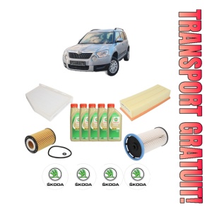 Set Pachet filtre revizie Bosch, 5 litrii ulei Castrol 5W30 SKODA YETI (5L) 2.0 TDI din 2015-2017, 4x Stickere auto cu SKODA
