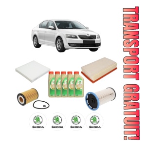 Set Pachet filtre revizie Bosch, 5 litrii ulei Castrol 5W30 SKODA Octavia III (5E3, NL3, NR3) 1.6 TDI din 2012-2015, 4x Stickere auto cu SKODA