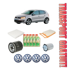 Set Pachet filtre revizie Bosch, 5 litrii ulei Castrol 5W30 Volkswagen POLO Van V (6R1, 6C1) 1.4 TDI din 2014-2017, 4x Stickere auto cu Volkswagen