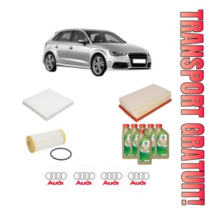 Set Pachet filtre revizie Bosch, 6 litrii ulei Castrol 0W20 AUDI A3 Sportback (8VA, 8VF) 40 TFSI quattro din 2018-2020, 4x Stickere auto cu AUDI
