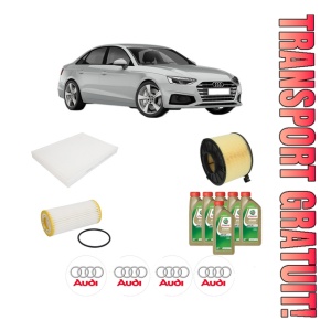 Set Pachet filtre revizie Bosch, 6 litrii ulei Castrol 0W20 AUDI A5 Sportback (F5A, F5F) 45 TFSI Mild Hybrid quattro din 2019, 4x Stickere auto cu AUDI