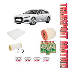 Set Pachet filtre revizie Bosch, 6 litrii ulei Castrol 0W20 AUDI A6 C8 (4A2) 45 TFSI Mild Hybrid quattro din 2018, 4x Stickere auto cu AUDI
