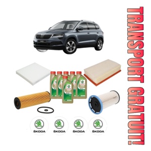 Set Pachet filtre revizie Bosch, 6 litrii ulei Castrol 0W20 SKODA KAROQ (NU7, ND7) 2.0 TDI din 2017, 4x Stickere auto cu SKODA