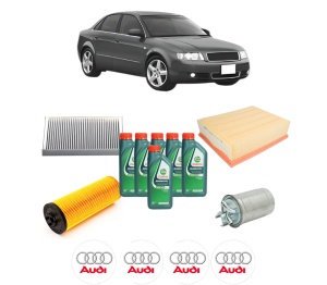 Set Pachet filtre revizie Bosch, 6 litrii ulei Castrol 10W40 AUDI A4 B6 (8E2) 2.5 TDI quattro din 2000-2004, 4x Stickere auto cu AUDI - Img 2
