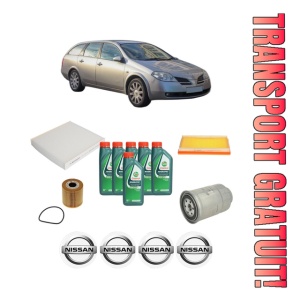 Set Pachet filtre revizie Bosch, 6 litrii ulei Castrol 10W40 NISSAN PRIMERA Hatchback (P12) 2.2 dCi din 2003, 4x Stickere auto cu NISSAN