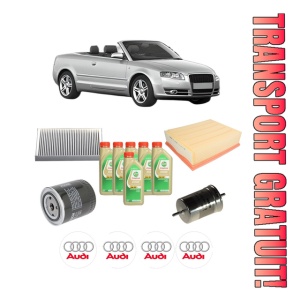 Set Pachet filtre revizie Bosch, 6 litrii ulei Castrol 5W30 AUDI A4 B6 Convertible (8H7) 2.4 din 2002-2005, 4x Stickere auto cu AUDI