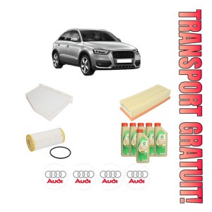 Set Pachet filtre revizie Bosch, 6 litrii ulei Castrol 5W30 AUDI Q3 (8UB, 8UG) 2.0 TFSI din 2015-2018, 4x Stickere auto cu AUDI