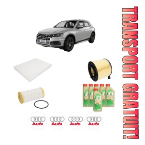 Set Pachet filtre revizie Bosch, 6 litrii ulei Castrol 5W30 AUDI Q5 (FYB, FYG) 2.0 TFSI quattro din 2016-2020, 4x Stickere auto cu AUDI