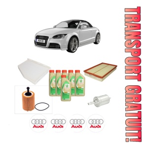 Set Pachet filtre revizie Bosch, 6 litrii ulei Castrol 5W30 AUDI TT Roadster (8J9) 3.2 V6 quattro din 2007-2010, 4x Stickere auto cu AUDI