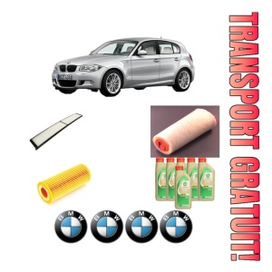 Set Pachet filtre revizie Bosch, 6 litrii ulei Castrol 5W30 BMW Seria 1 (E87) 120 d din 2007-2011, 4x Stickere auto cu BMW