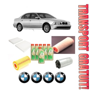 Set Pachet filtre revizie Bosch, 6 litrii ulei Castrol 5W30 BMW Seria 5 (E39) 520 d din 2000-2003, 4x Stickere auto cu BMW