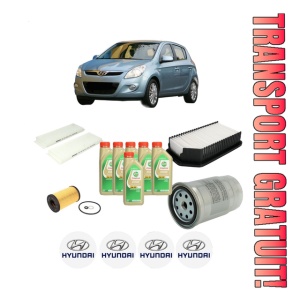 Set Pachet filtre revizie Bosch, 6 litrii ulei Castrol 5W30 HYUNDAI i20 I (PB, PBT) 1.4 CRDi din 2008-2012, 4x Stickere auto cu HYUNDAI