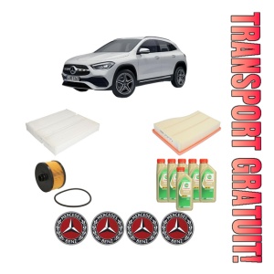 Set Pachet filtre revizie Bosch, 6 litrii ulei Castrol 5W30 MERCEDES-BENZ GLA (H247) GLA 200 4-matic (247.788) din 2020, 4x Stickere auto cu MERCEDES-BENZ