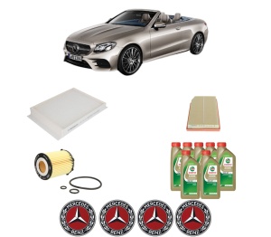 Set Pachet filtre revizie Bosch, 7 litrii ulei Castrol 0W20 MERCEDES-BENZ E-CLASS Convertible (A238) E 350 EQ Boost (238.485) din 2017, 4x Stickere auto cu MERCEDES-BENZ - Img 2