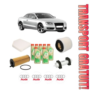 Set Pachet filtre revizie Bosch, 7 litrii ulei Castrol 5W30 AUDI A5 (8T3) 3.0 TDI quattro din 2007-2012, 4x Stickere auto cu AUDI