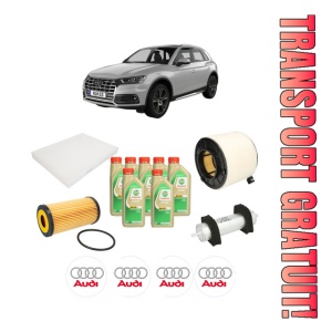 Set Pachet filtre revizie Bosch, 7 litrii ulei Castrol 5W30 AUDI Q5 Van (FYB, FYG) 3.0 TDI quattro din 2017-2020, 4x Stickere auto cu AUDI