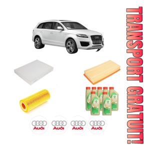 Set Pachet filtre revizie Bosch, 7 litrii ulei Castrol 5W30 AUDI Q7 (4LB) 3.0 TFSI quattro din 2011-2015, 4x Stickere auto cu AUDI