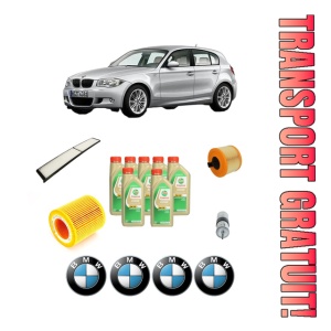 Set Pachet filtre revizie Bosch, 7 litrii ulei Castrol 5W30 BMW Seria 1 (E87) 130 i din 2007-2011, 4x Stickere auto cu BMW