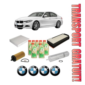 Set Pachet filtre revizie Bosch, 7 litrii ulei Castrol 5W30 BMW Seria 3 (F30, F80) 330 d xDrive din 2013-2018, 4x Stickere auto cu BMW