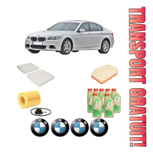 Set Pachet filtre revizie Bosch, 7 litrii ulei Castrol 5W30 BMW Seria 5 (F10) 523 i din 2009-2011, 4x Stickere auto cu BMW