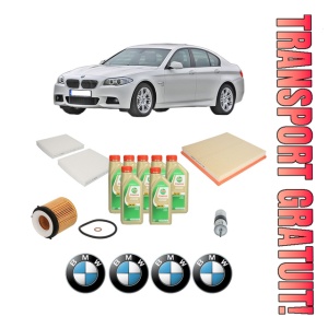 Set Pachet filtre revizie Bosch, 7 litrii ulei Castrol 5W30 BMW Seria 5 (F10) 535 i xDrive din 2011-2016, 4x Stickere auto cu BMW