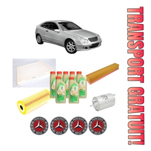 Set Pachet filtre revizie Bosch, 7 litrii ulei Castrol 5W30 MERCEDES-BENZ C-CLASS Coupe (CL203) C 230 Kompressor (203.747) din 2001-2002, 4x Stickere auto cu MERCEDES-BENZ
