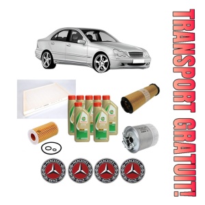 Set Pachet filtre revizie Bosch, 7 litrii ulei Castrol 5W40 MERCEDES-BENZ C-CLASS (W203) C 220 CDI (203.008) din 2003-2007, 4x Stickere auto cu MERCEDES-BENZ