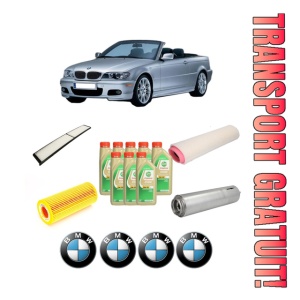 Set Pachet filtre revizie Bosch, 8 litrii ulei Castrol 5W30 BMW Seria 3 Convertible (E93) 330 d din 2007-2013, 4x Stickere auto cu BMW