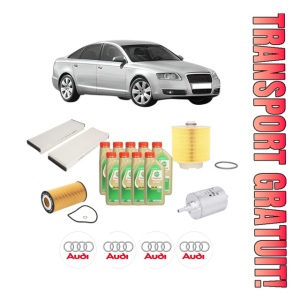 Set Pachet filtre revizie Bosch, 9 litrii ulei Castrol 5W30 AUDI A6 C6 (4F2) 4.2 quattro din 2004-2006, 4x Stickere auto cu AUDI