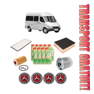 Set Pachet filtre revizie Bosch, 9 litrii ulei Castrol 5W30 MERCEDES-BENZ SPRINTER 3-t Bus (B903) 316 CDI 4x4 (903.672, 903.673) din 2002-2006, 4x Stickere auto cu MERCEDES-BENZ