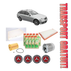 Set Pachet filtre revizie Bosch, 9 litrii ulei Castrol 5W30 MERCEDES-BENZ C-CLASS T-Model (S203) C 320 CDI (203.220) din 2005-2007, 4x Stickere auto cu MERCEDES-BENZ