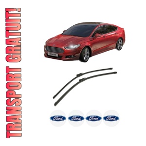 Set stergatoare auto FORD MONDEO V Hatchback (CE) din 2014-2019, pentru parbriz auto, 2 bucati, Bosch Aerotwin, din cauciuc siliconat rezistent, 4 Stickere Auto FORD