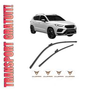 Set stergatoare CUPRA ATECA (KH7, KHP, KBP) din 2018-2023, pentru parbriz auto, 2 bucati, Valeo Silencio Xtrm, din cauciuc siliconat rezistent, 4 Stickere Auto CUPRA