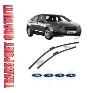 Set stergatoare FORD MONDEO V Saloon (CD) din 2012-2019, pentru parbriz auto, 2 bucati, Bosch Aerotwin, din cauciuc siliconat rezistent, 4 Stickere Auto FORD