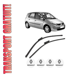 Set stergatoare RENAULT SCENIC II (JM0/1_) din 2003-2009, pentru parbriz auto, 2 bucati, Valeo Silencio Xtrm, din cauciuc siliconat rezistent, 4 Stickere Auto RENAULT