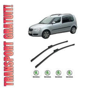 Set stergatoare SKODA ROOMSTER Praktik (5J) din 2007-2015, pentru parbriz auto, 2 bucati, Bosch Aerotwin, din cauciuc siliconat rezistent, 4 Stickere Auto SKODA