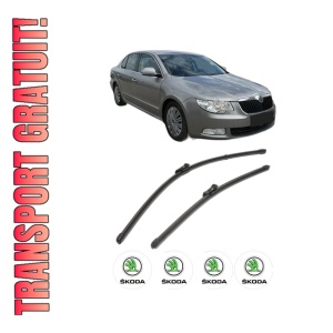 Set stergatoare SKODA SUPERB II (3T4) din 2008-2015, pentru parbriz auto, 2 bucati, Valeo Silencio Xtrm, din cauciuc siliconat rezistent, 4 Stickere Auto SKODA