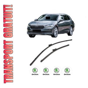 Set stergatoare SKODA SUPERB IV Estate (NZ5) din 2023-2024, pentru parbriz auto, 2 bucati, Valeo Silencio, din cauciuc siliconat rezistent, 4 Stickere Auto SKODA