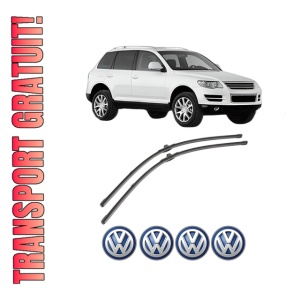 Set stergatoare Volkswagen TOUAREG (7LA, 7L6, 7L7) din 2002-2010, pentru parbriz auto, 2 bucati, Valeo Silencio Xtrm, din cauciuc siliconat rezistent, 4 Stickere Auto Volkswagen