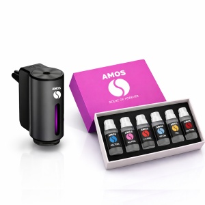 Difuzor parfum auto AMOS Mini Negru, 1 set rezerve parfum 7 arome Pink, odorizant inteligent, arome intense, 3 trepte intensitate