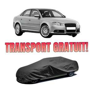 Husa tip prelata auto AUDI A4 B7 (8EC) din 2004-2008, Culoare Negru, material textil impermeabil, rezistanta la intemperii praf UV, CARPASSION Husa Protectie, 4 Stickere auto cu AUDI