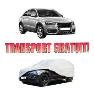 Husa tip prelata auto AUDI Q3 (8UB, 8UG) din 2011-2018, Culoare Gri, material textil impermeabil, rezistanta la intemperii praf UV, CARPASSION Husa Protectie, 4 Stickere auto cu AUDI